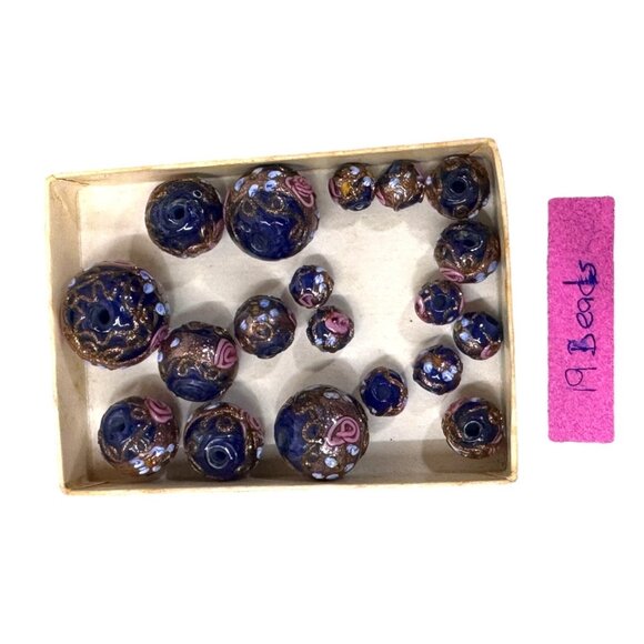Lampwork Glass Beads Midnight Blue Rose Gold Swirl Artisan Jewelry Lot Of 19 - Picture 6 of 11